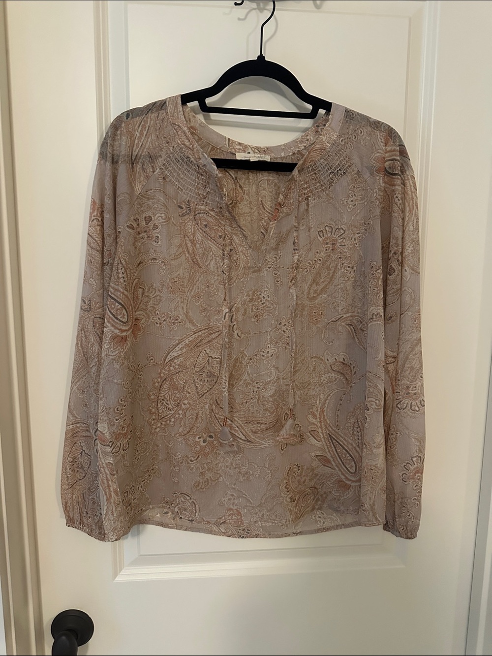 Mystree Taupe Paisley Long-Sleeve Sheer Blouse